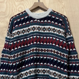 Vintage 90s 417 Van Heusen Multi Color Abstract Stripe Cotton Crewneck Knit Sweater size Medium Made in USA
