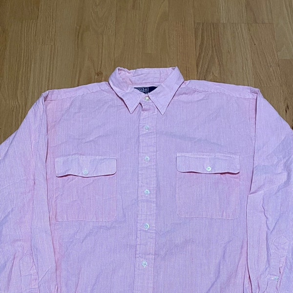 Vintage Polo Ralph Lauren Pink White Vertical Stripe Cotton Long Sleeve Button Up Shirt size Large