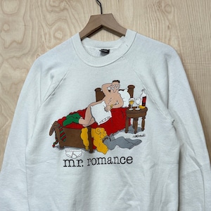 Vintage 80s Mr Romance Cartoon Graphic Jim Benson White Cotton Polyester Crew Neck Sweatshirt size XL