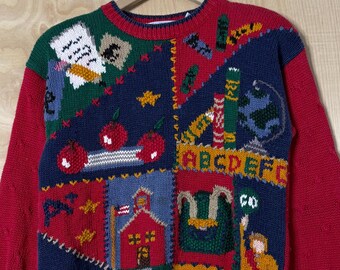 Suéter vermelho Vintage Signatures Northern Isle School Picture Knit, tamanho M feminino.