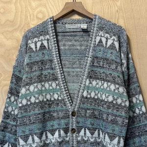 Vintage 90s Expressions Gray Multi Color Abstract Stripe Button Up Knit Cardigan Sweater size XL