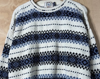 Vintage Sears White Blue Abstract Stripe Cotton Crewneck Knit Sweater size Large