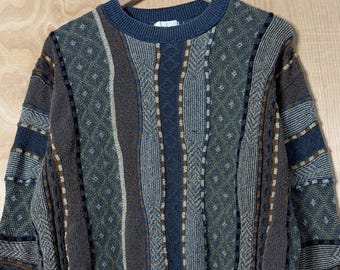 Vintage 90s London Fog Blue Multi Color 3D Knit Stripe Crewneck Sweater size Large