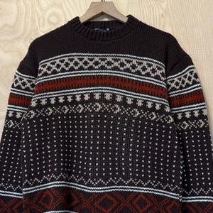 Vintage Dimensions Fair Isle Birds Eye Stripe Brown Acrylic Crewneck Knit Sweater size Medium