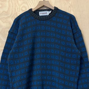 Vintage McGregor Gray Blue Abstract Checkered Acrylic Crewneck Knit Sweater size Large