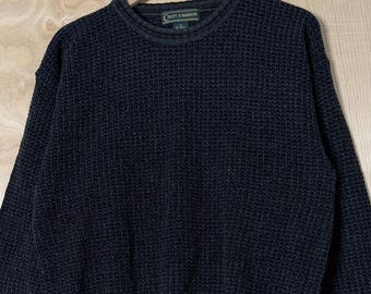 Jersey de punto vintage Croft And Barrow de cuello redondo con rayas verticales negras y azules, talla M.