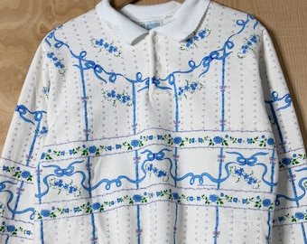 Vintage 90s Art Unlimited Floral Plaid White Blue Collared Sweatshirt size Women's Large