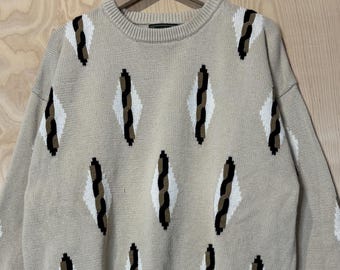 Vintage Croft And Barrow Tan Abstract Cable Knit Crewneck Cotton Sweater size XL