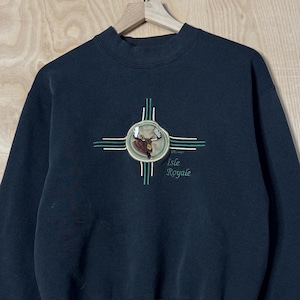 Vintage 90s Isle Royale Moose Stitched Patch Black Crewneck Sweatshirt size Medium