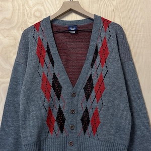 Vintage 80s JBlair Argyle Gray Acrylic Button Up Knit Cardigan Sweater size Large