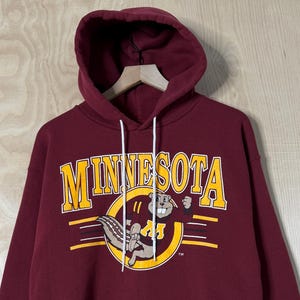 Vintage 90s University Of Minnesota Goldy Gopher Graphic Galt Sand Maroon Pullover Hoodie Sweatshirt size Large