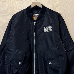 Vintage 90s Harley Davidson Motorcycles Embroidered Spell Out Logo Black Quilted Nylon Zip Up Bomber Jacket size XL