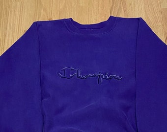 Vintage 90s Champion Reverse Weave Stitched Spell Out Purple Crew Neck Sweatshirt size Large Made in USA