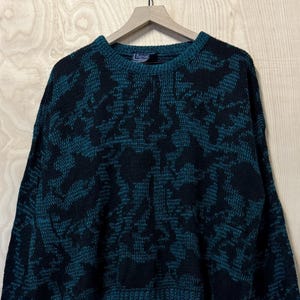 Vintage Barnaby abstract patroon zwart blauwgroen acryl gebreide trui met ronde hals maat XL