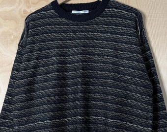 Vintage Geoffrey Beene Black Tan White Abstract Stripe Acrylic Crewneck Knit Sweater size Large