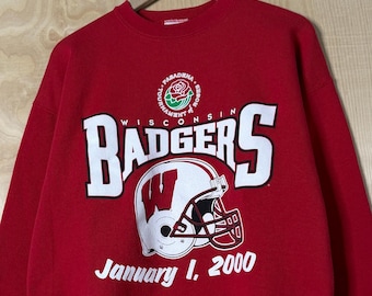 Sudadera roja de cuello redondo con estampado del casco del Rose Bowl de los Badgers de la Universidad de Wisconsin, talla grande.