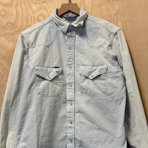 Vintage 90s Carhartt Light Wash Distressed Blue Chambray Long Sleeve Button Up Shirt