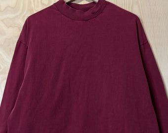 Vintage 90s Nike Stitched Tonal Logo Maroon Cotton Mock Neck Long Sleeve T Shirt size XL Made in USA