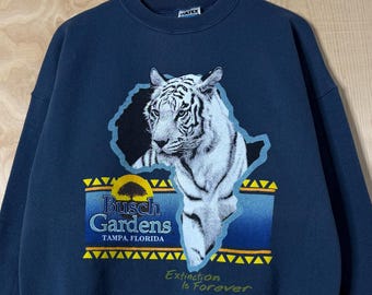 Vintage 90er Jahre Busch Gardens White Tiger Afrika Aussterben ist für immer Grafik Schieferblau Rundhals-Sweatshirt Größe XL