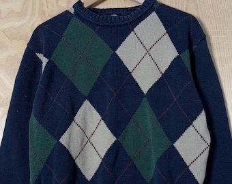 Suéter vintage Dockers azul marino, beige y verde rombos, de algodón, cuello redondo, talla grande.
