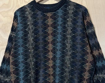 Vintage 90s Sweater Vertical Stripes Cable Knit Maroon Green Blue