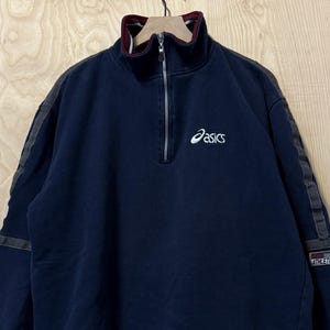 Vintage 90s Asics Piping Stripe Half Zip Navy Blue Pullover