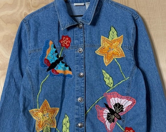 Chaqueta vaquera azul vintage blanca con estampado de ciervos, mariposas y flores, bordada con cuentas, con botones, talla grande para mujer.