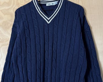 Vintage 90s Cherokee Navy Blue V Neck Cable Knit Sweater size XXL