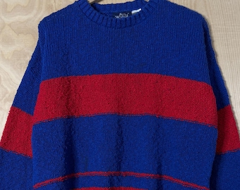 Vintage 90s Woolrich Blue Red Stripe Cotton Crewneck Knit Sweater size Large Made in USA
