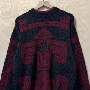 Vintage 90s Permit Permit Gray Red Aztec Abstract Pattern Crewneck Knit Sweater size XL