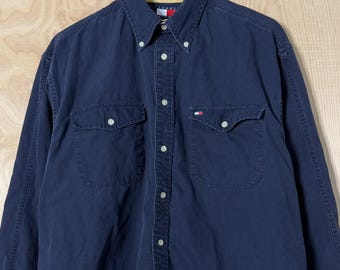 Vintage Tommy Hilfiger Navy Blue Cotton Long Sleeve Button Up Shirt size Large