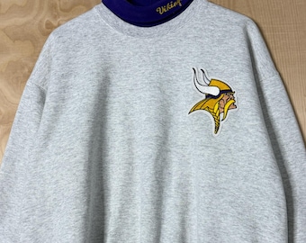 Vintage 90s Minnesota Vikings Majestic Stitched Logo Roll Neck Gray Purple Sweatshirt size XXL