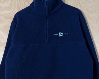 Vintage 90s Caribou Coffee Embroidered Logo Navy Blue Half Zip Pullover Fleece Sweatshirt size XL