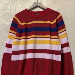 Vintage 80s Gant Red Multi Color Stripe Crewneck Knit Sweater size Large