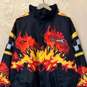 Vintage 90s Mac Tools Motor Sports Flames All Over Black Quilted Vintage 90s Mac Tools Motor Sports Flames All Over Black Quilted