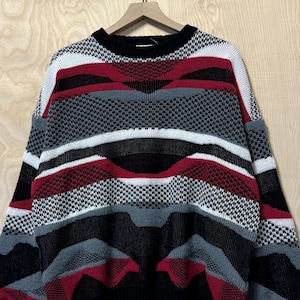 Vintage 90s Mens Store Multi Color Abstract Stripe Acrylic Crewneck Knit Sweater size XL