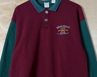 Vintage 90s Gap World Classic Winter Collection Maroon Green Color Block Collared Sweatshirt size XL