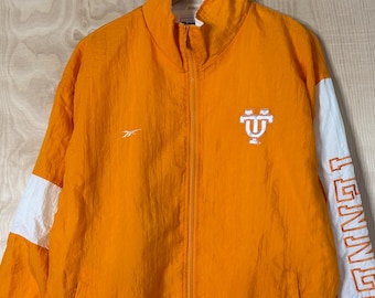 Vintage 90s Reebok University Of Tennessee Volunteers Orange White Lined Zip Up Windbreaker Jacket size Large