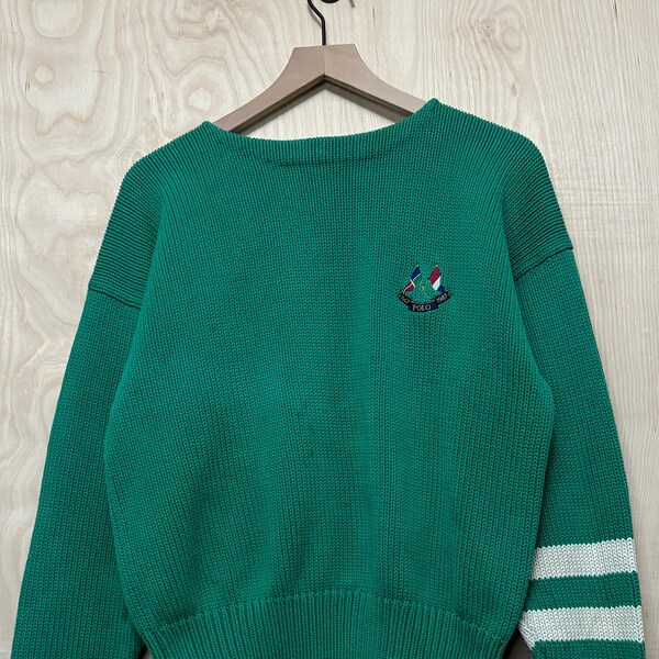 Vintage Polo Ralph Lauren Cross Flags 1987 Green Cotton Knit Sweater size Medium