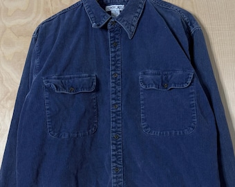 Vintage 90s Cherokee Blue Cotton Corduroy Long Sleeve Button Up Shirt size XL