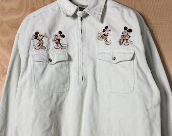 Camisa vintage de los 90 de Disney con Mickey Mouse bordado, de algodón blanco, pana, manga larga y media cremallera, talla grande.