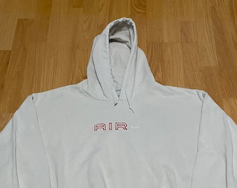 Vintage Nike Air Swoosh Check Logo Stitched Spell Out Cream Hoodie Sweatshirt size XXL