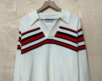 Vintage 80er Jahre Polaris Streifen Weiß Acryl Strickpullover Rugby Größe Medium