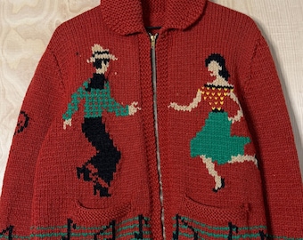 Vintage 60s Line Dancing Picture Knit Red Wool Zip Up Sweater Jacket