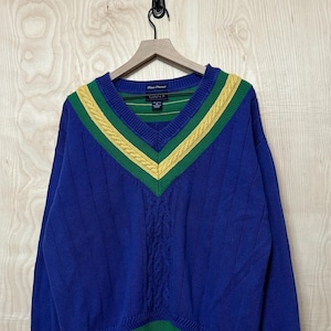 Vintage 90s Gant Blue Green Yellow Cotton V Neck Cable Knit Sweater size XL