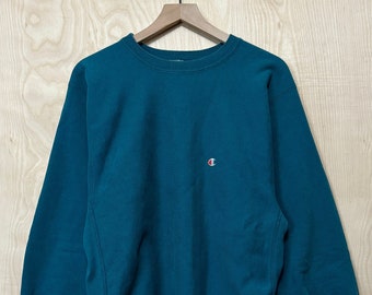 Vintage 90s Champion Reverse Weave Logo Teal Blue Cotton Polyester Crewneck Sweatshirt size XL Made in USA