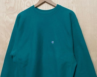Vintage 90s Champion Reverse Weave Teal Green Stitched Logo Crew Neck Sweatshirt size XL Made in USA