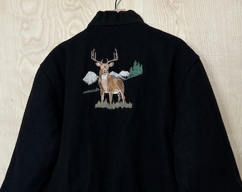 Vintage Deer Embroidered Insulated Wool Black Bomber Jacket size Large Made in USA