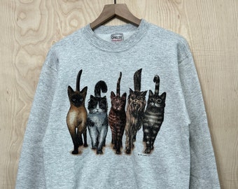 Vintage Cats Double Sided Graphic Gray Crewneck Sweatshirt size Medium