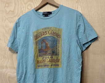 Vintage Polo Ralph Lauren Hikers Camps Grafik Baby Blau Baumwolle T-Shirt Größe Large